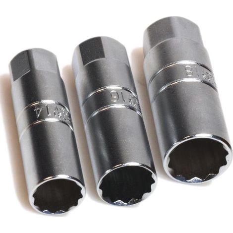 BGS Zündkerzen-Einsatz-Satz Zwölfkant Antrieb Innenvierkant 10 mm (3/8") SW 14 - 16 - 18 mm 3tlg. - 6858 (1/5)