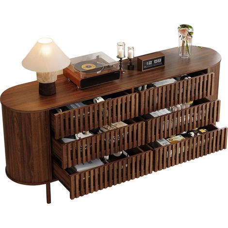 Sideboard mit 6 Schubladen, Metallbeinen und Lamellendesign für Wohnzimmer und Flur, MDF, 160 x 40 x 70 cm, Walnussfarbe (1/5)