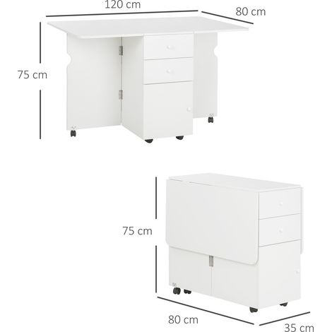Table de cuisine pliable (avec 2 tiroirs et une porte), en aggloméré, 120 x 80 x 75 cm, blanche (1/5)