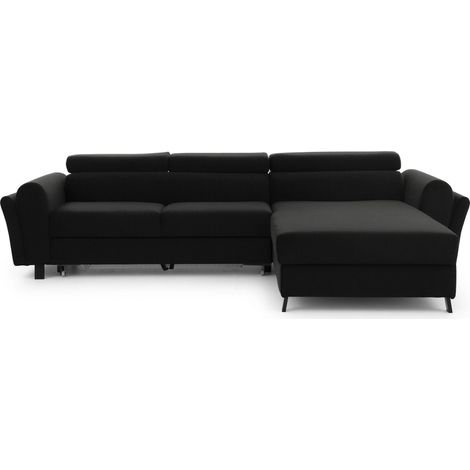 Canapé d’angle convertible MAZALI tissu- Appuis-tête réglables et rangement-Noir-Méridienne A droite (1/5)