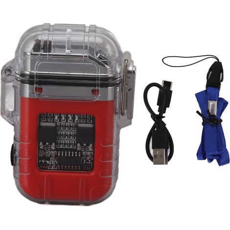 Briquet électrique à double arc étanche transparent, imperméable et coupe-vent, avec affichage de la puissance, rouge (1/5)