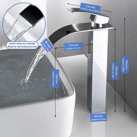 Mitigeur lavabo cascade carré modèle haut en acier inoxydable finition chromée galvanisée pour vasque eau chaude froide 600 g – Livraison gratuite