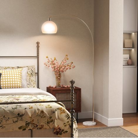 Lámpara de pie arqueada con interruptor de pie, base de mármol, pantalla blanca OKMYHOME (1/5)