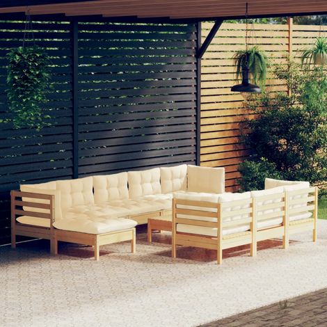 11-tlg. Garten-Lounge-Set mit Creme Kissen Massivholz Kiefer (1/5)
