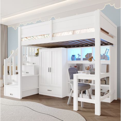 lit chambre adulte 90x200 rangement bureau bois blanc HAVRYA (1/5)