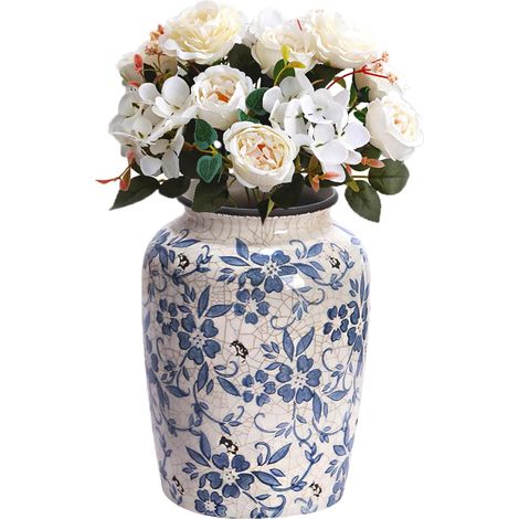 Vase Vintage Bleu et Blanc, Vase Fleur Porcelaine, Vase Decoratif Chinois en Craquelée Glaçure pour Décoration d'Intérieur Centres de Table 14,5 x 20 cm (M) (1/5)