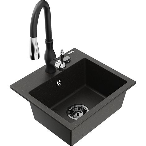 Mexen Milo 1-Becken-Granit-Spüle mit Mischbatterie Savita, Schwarz/Gold metallisch- 6505-75-672601-7 (1/5)