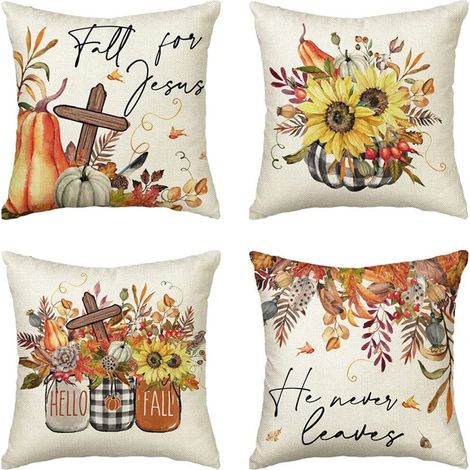Juego de 4 fundas de cojín con estampado de tartán de búfalo y calabaza, de poliéster y lino, con cremallera invisible, ideales para la decoración del salón en Acción de Gracias. (1/5)