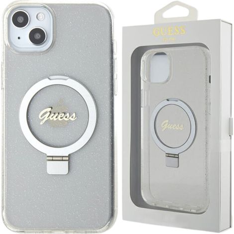 Guess GUHMP15MHRSGSD iPhone 15 Plus / 14 Plus 6,7 Zoll transparente Hartschalen-Schutzhülle mit Ringständer, Schriftzug, Glitzer und MagSafe (1/5)