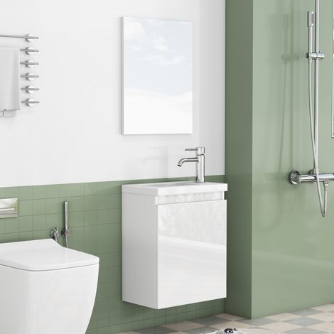 Meuble de salle de bain blanc brillant 39,8x24,8x51,3cm, vasque murale avec miroir et lavabo céramique, sans poignées (1/5)