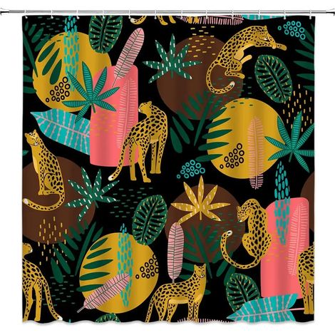 Rideau de douche bohème guépard, rideau de bain léopard tropical, rideau de salle de bain rose moderne à motif floral bleu et phases de lune, 240 x 180 cm - 94 x 70 pouces