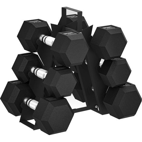 Ensemble d'Haltères Hexagonaux avec Support, Haltères Revêtus de Caoutchouc, Poignées Antidérapantes en Chrome, Noir