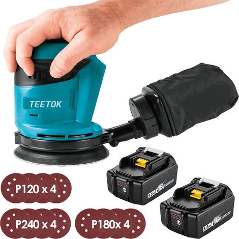 Ponceuse excentrique,Sans balais,Compatible avec la batterie Makita,ponceuse orbitale aléatoire Machine de polissage 18V Ø125mm avec sac à poussière et 12 disques + 2xBatteries (sans chargeur)