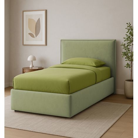 letto singolo con contenitore "zoom" rivestito in tessuto verde 90x190 cm (1/4)