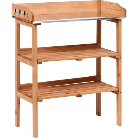 Potting Bench Light Brown Fir Wood Iron Steel with Hooks and Open Shelves Galvanised Top ROSAZZA (1/5)