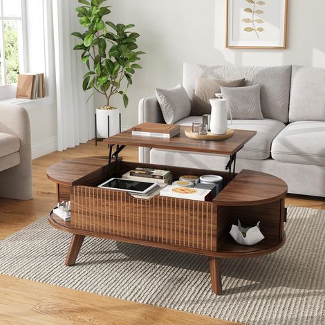Mesa de centro elevable ovalada 110x50x53.5 cm - mesa de salón con almacenamiento oculto puertas correderas madera nogal (1/5)
