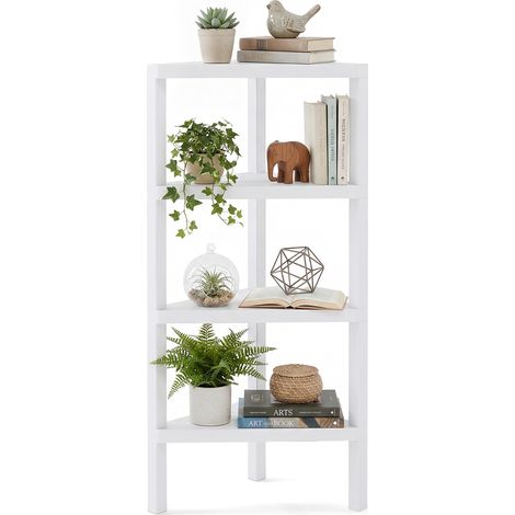 Étagère d'Angle, Bibliothèque d'Angle à 4 Niveaux avec Étagères Ouvertes à Lattes, Support pour Plantes Autoportant, 46 x 33 x 99 cm, Blanc (1/5)