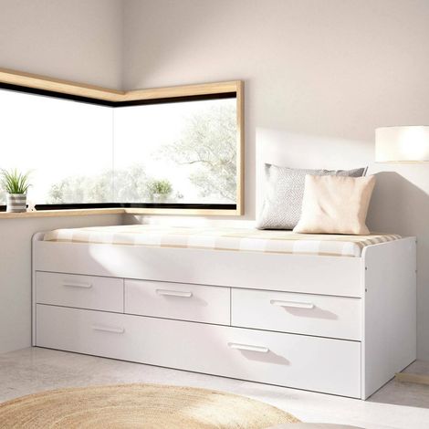 Dmora - Cama infantil Alben, Estructura con segunda cama nido, Cama individual para dormitorio con 3 cajones, 194x95h68 cm, Blanco (1/5)
