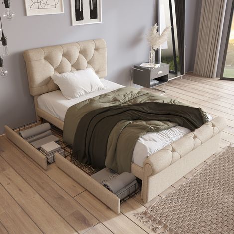 MEUBLIV Lit simple rembourré 90 x 200 cm avec deux tiroirs tête de lit réglable style chesterfield naturel cadre en métal et bois (1/5)