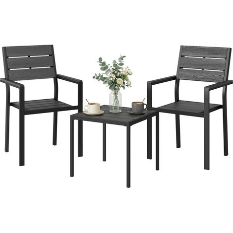 3-teiliges Garten-Set mit 2 Stühlen und einem Tisch in Holzoptik aus HDPE-Latten für Terrasse und Balkon – Schwarz