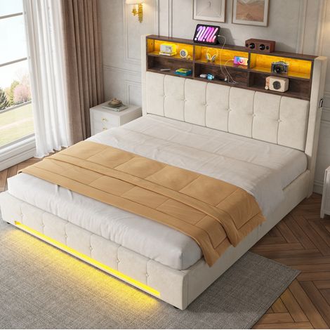 Cama canapé 180x200 cm con cabecero LED, USB-C y 6 compartimentos de almacenamiento, tapizada en terciopelo, beige (1/5)