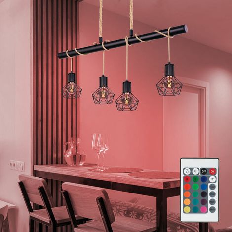 Lámpara colgante de techo con forma de jaula y control remoto. Lámpara de cuerda de cáñamo regulable en un set con bombillas LED RGB. (1/4)