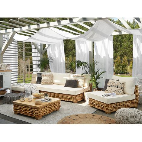Conjunto de salón 4 plazas de ratán natural marrón blanco derecho cojines mesa Varallo (1/5)