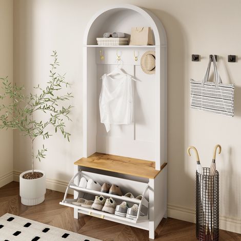 Garderobenschrank 75x35x195 cm Weiß-Holzfarben MDF mit Schuhfach, Ablage und Haken (1/5)