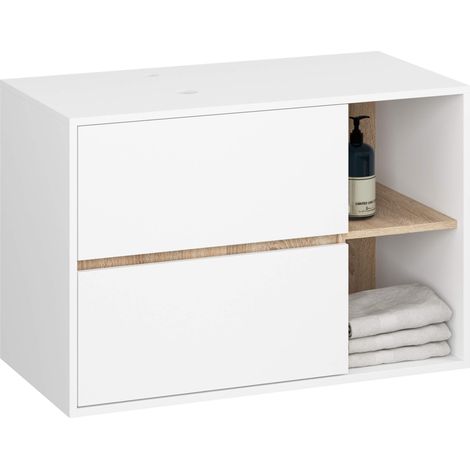 Hängender Waschbeckenunterschrank VAMI mit Waschbecken Weiß, Sonoma Eiche 90 cm 2 Schubladen B90xH60xT45,5 cm