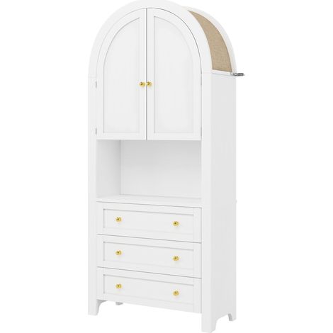 ELVMI Hochschrank mit 3 Schubladen, 2 Bogentüren und offenem Fach für Küche und Wohnzimmer aus MDF 70 × 35 × 180 cm Weiß (1/5)
