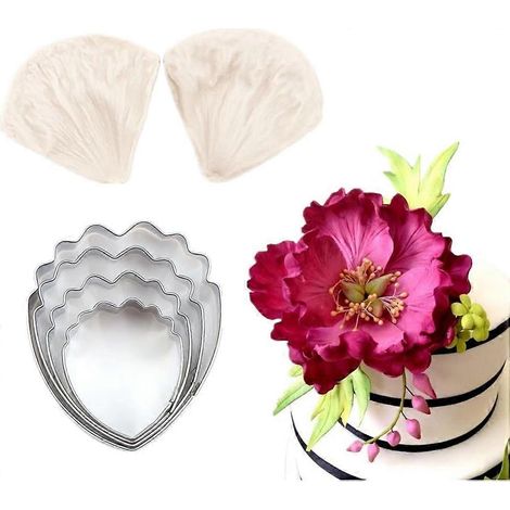 Ensemble de 4 emporte-pièces pour fleurs en pâte à sucre, 2 moules en silicone pour fondant, moule à pivoines en pâte à sucre pour la décoration de gâteaux, moule à nervures pour fleurs en fondant, ou (1/5)
