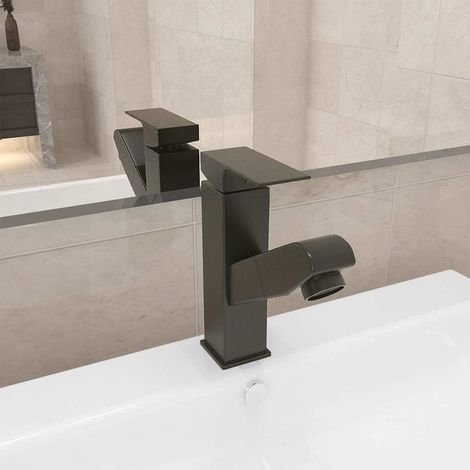 vidaXL Grifo de lavabo de baño con función extraíble negro 157x172 mm (1/5)