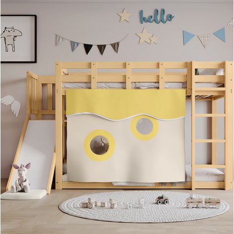 Etagenbett Kinderbett 244.5x165x140.5 cm mit Treppe, Rutsche, Bettvorhängen, MDF und Kiefer, Natur (1/5)
