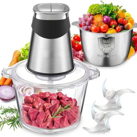 Hachoir Électrique 1,8L+2L, Robot de Cuisine avec Récipients en Verre et en Acier Inoxydable, Hachoir à Viande 500W à 2 Vitesses avec 2 Jeux de Lames (1/5)
