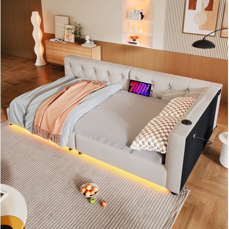 Sofá cama de lino beige 90x200 cm con somier de láminas, LED 7 colores, USB y puerto Type-C (1/5)