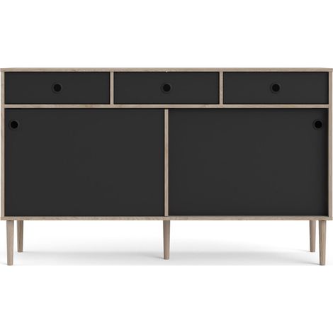 Penny Sideboard 2 Schiebetüren und 3 Schubladen Hickory-Dekor und matt schwarz.
