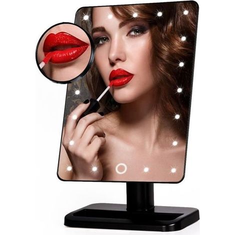 Miroir Cosmétique Lumineux 20 LEDs Écran Tactile avec Fonction Mémoire Amovible 10X Miroir Grossissant - Noir (1/4)