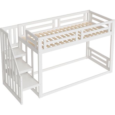 Lit superposé enfant 90 x 200 cm, lit superposé bas avec escalier de sécurité, cadre en bois massif avec sommier à lattes, blanc