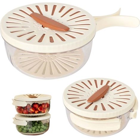 Cestello scolapiatti Allecto per frutta e verdura con coperchio, bianco e marrone, per scolare e conservare, pratico per la cucina, design moderno. (1/5)