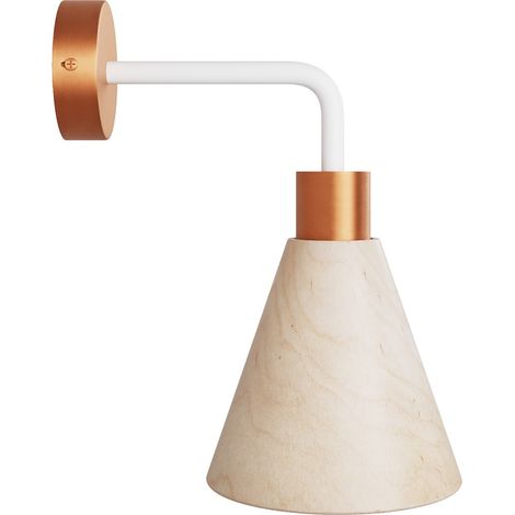 Lampada Fermaluce con paralume conico in legno ed estensione curva