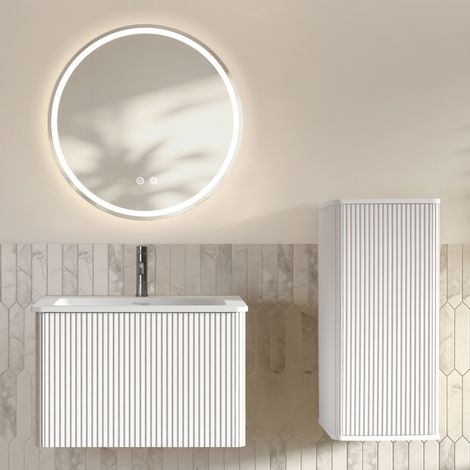 Mueble de baño con lavabo y espejo LED, diseño minimalista, blanco (1/5)