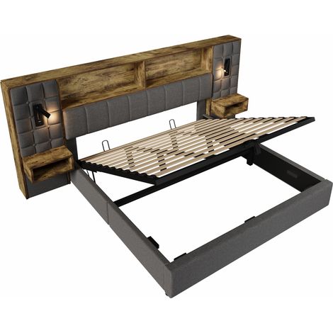 Letto contenitore 180x200 grigio in lino con LED, lampade da lettura, comodini e porte USB-C (1/5)