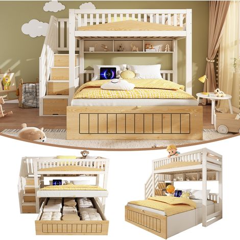 Kinder Etagenbett 90x200 140x200 cm mit Treppenschrank und hydraulischem Stauraum, Familienbett Holz mit USB-Anschluss, Weiß Natur (1/5)