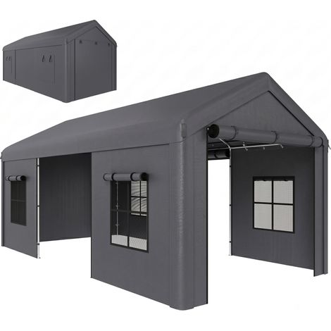 Outsunny 3 x 6 m Heavy Duty Carport, Portable Garage with 3 Doors, Dark Grey (1/5)
