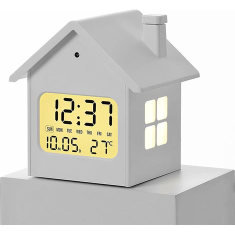 Digital alarm clock, LED house-shaped alarm clock, night light and snooze function, digital clock with loud bell and 3 volume settings, cute clock