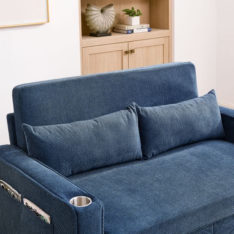 Canapé convertible 2 places 3-en-1, design épuré et raffiné, mécanisme coulissant, port USB intégré, parfait pour le repos, tissu bleu nuit, léger et fonctionnel (1/5)