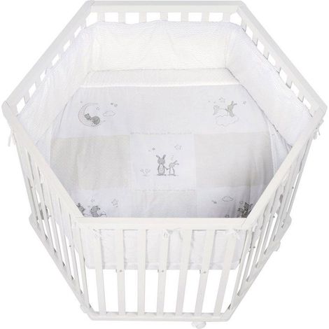Parc hexagonal - ROBA - FOX & BUNNY - Von der Geburt bis 15 kg - Verstellbar - Rollen - Weiß lackiert