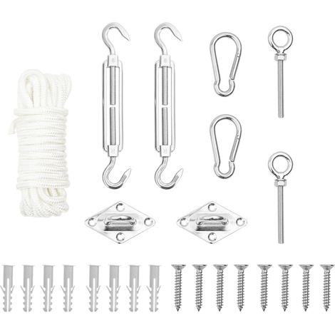 Kit de fixation pour voile d’ombrage 9 pièces en acier inoxydable argenté avec corde de 5 m - PANGIVO (1/5)