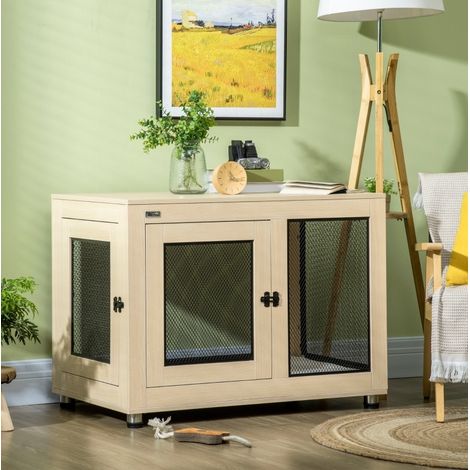Jaula para perros (94x60x71.5 cm), con 2 puertas, cierre bloqueable, cojín desenfundable, acero, roble (1/5)