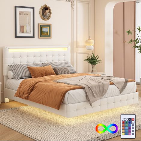 Letto adulto 140x200 cm con illuminazione LED con telecomando e testiera regolabile in altezza, senza materasso, bianco (1/5)